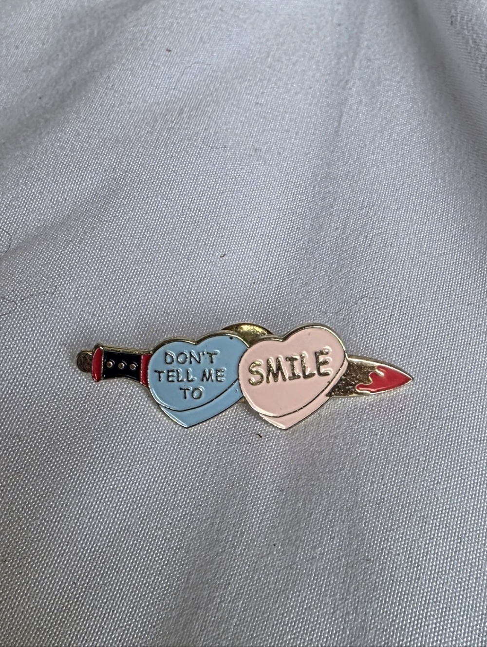 Don't Tell Me To Smile Double Heart Enamel Pin — Blue & Pink